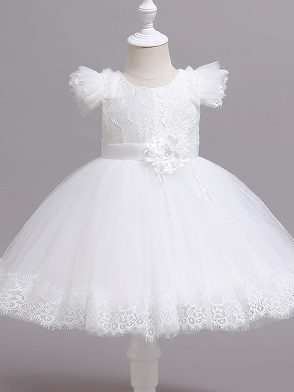 Ball Gown Tulle Applique Scoop Short Sleeves Tea-Length Flower Girl Dresses CICIP0007512