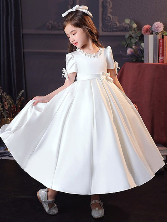 A-Line/Princess Satin Bowknot Jewel Short Sleeves Tea-Length Flower Girl Dresses CICIP0007510