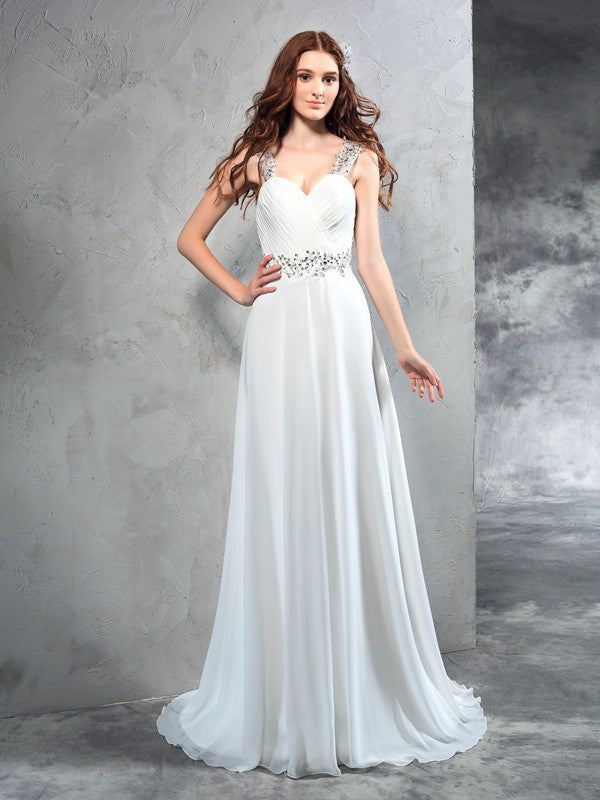 A-Line/Princess Sweetheart Pleats Sleeveless Long Chiffon Wedding Dresses CICIP0006602