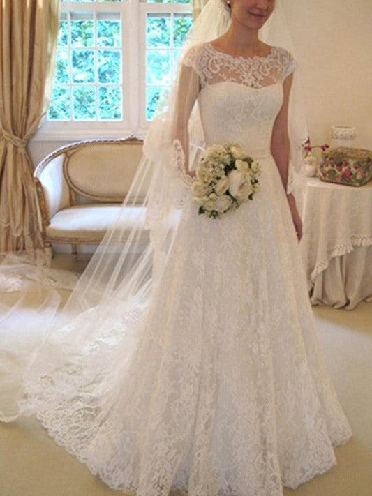 A-Line/Princess Sash/Ribbon/Belt Short Sleeves Square Court Train Applique Lace Wedding Dresses CICIP0006475