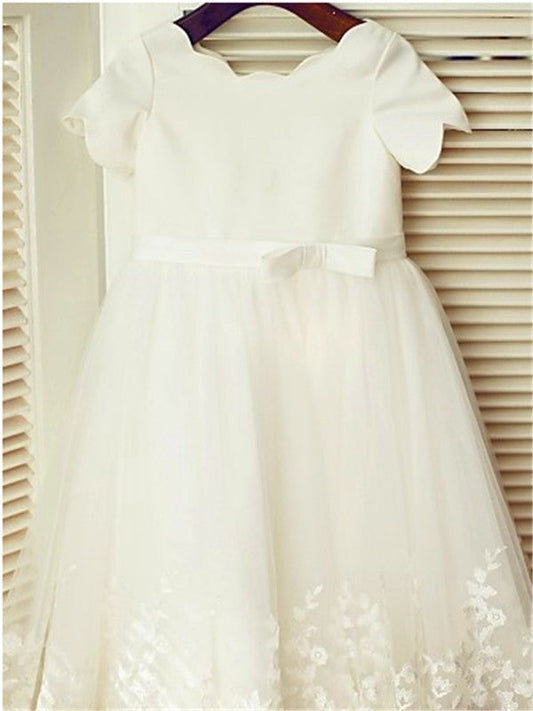 A-line/Princess Scoop Short Sleeves Tea-Length Lace Flower Girl Dresses CICIP0007656