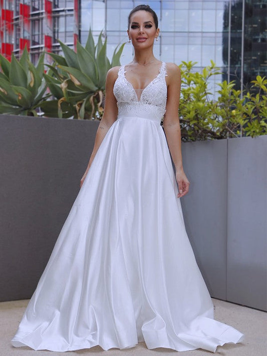 A-Line/Princess V-neck Satin Applique Sleeveless Sweep/Brush Train Wedding Dresses CICIP0006405