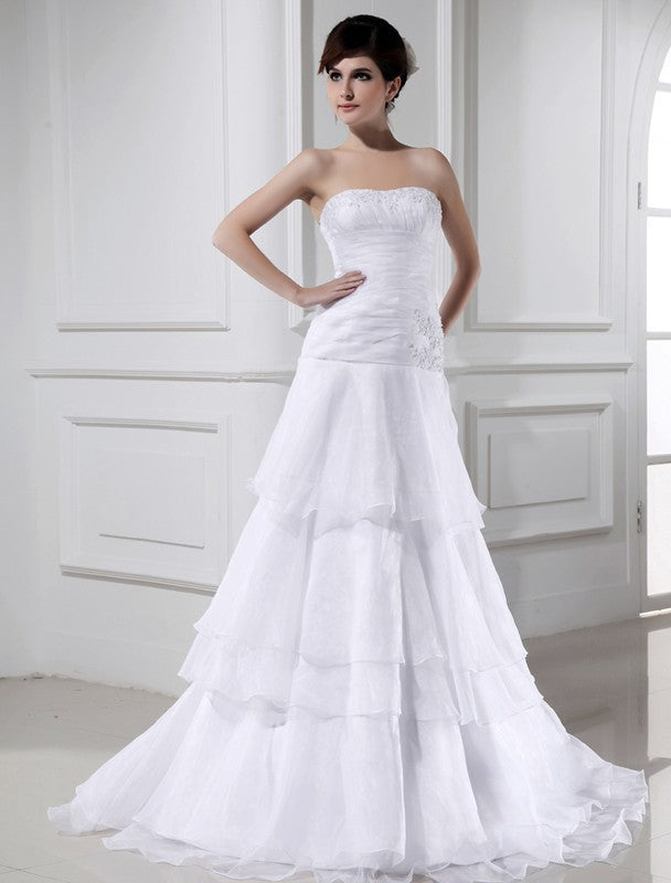 A-Line/Princess Beading Sleeveless Organza Strapless Long Wedding Dresses CICIP0006997