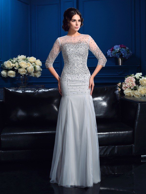 Sheath/Column Scoop Beading 3/4 Sleeves Long Net Mother of the Bride Dresses CICIP0007137