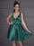 A-Line/Princess Satin V-neck Ruffles Sleeveless Short/Mini Homecoming Dresses CICIP0004744
