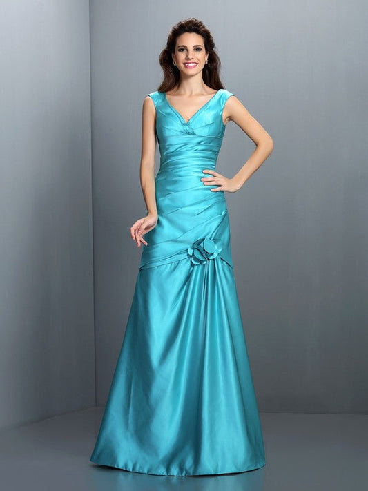 A-Line/Princess V-neck Pleats Sleeveless Long Satin Bridesmaid Dresses CICIP0005497