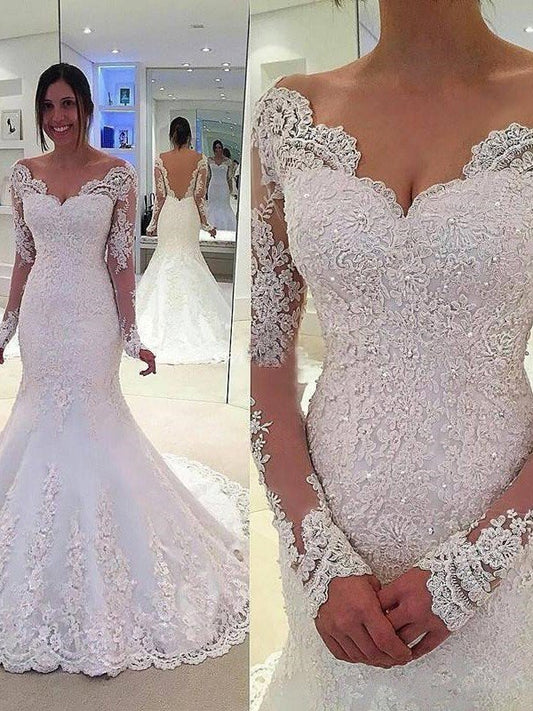 Trumpet/Mermaid V-neck Long Sleeves Lace Court Train Tulle Wedding Dresses CICIP0006022