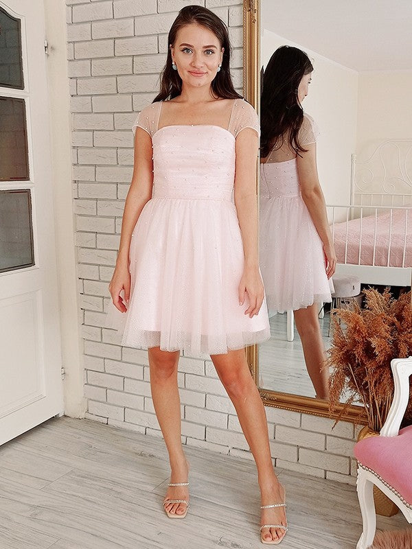 A-Line/Princess Tulle Beading Strapless Short Sleeves Short/Mini Dresses CICIP0004845