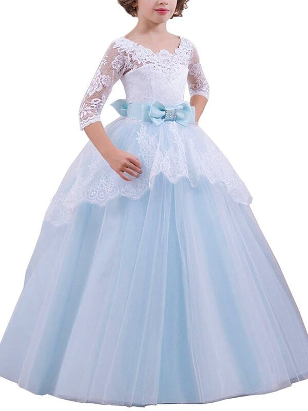 Ball Gown Jewel 1/2 Sleeves Lace Floor-Length Tulle Flower Girl Dresses CICIP0007685