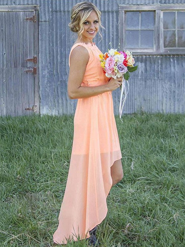 A-Line/Princess Sleeveless Scoop Asymmetrical Chiffon Bridesmaid Dresses CICIP0005298
