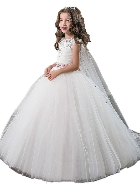 Ball Gown Jewel Sleeveless Beading Floor-Length Tulle Flower Girl Dresses CICIP0007652