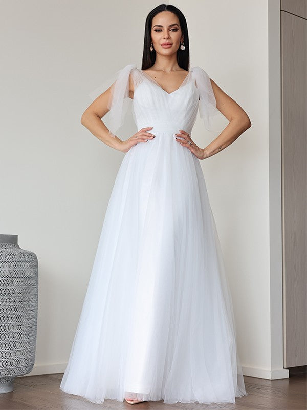 A-Line/Princess Tulle Ruffles V-neck Sleeveless Floor-Length Wedding Dresses CICIP0007026