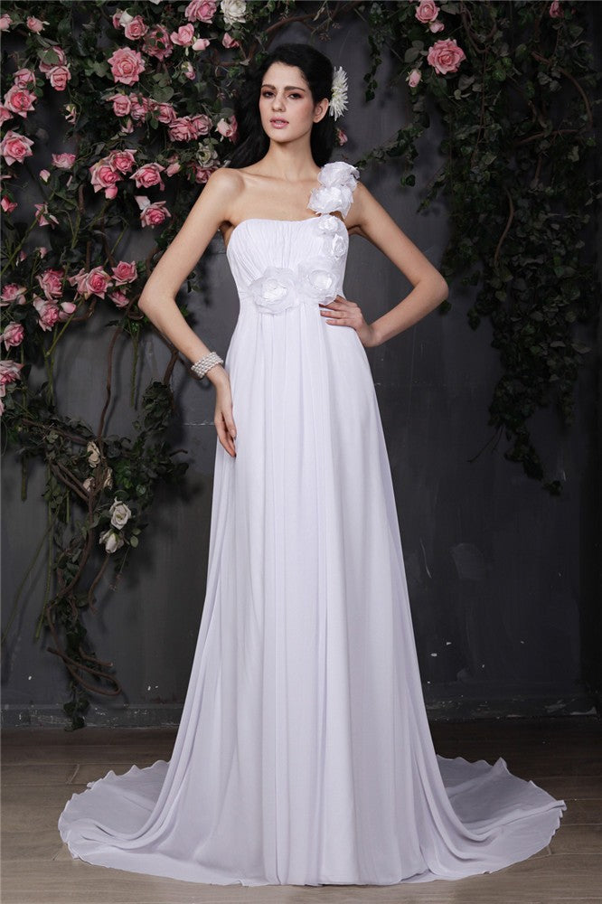 A-Line/Princess One-Shoulder Sleeveless Hand-Made Flower Ruffles Long Chiffon Wedding Dresses CICIP0006989