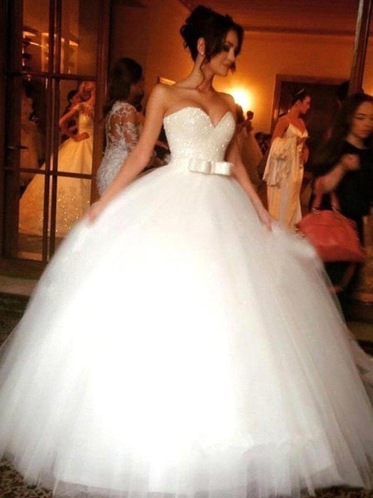 Ball Gown Bowknot Sweetheart Tulle Sleeveless Floor-Length Wedding Dresses CICIP0006045