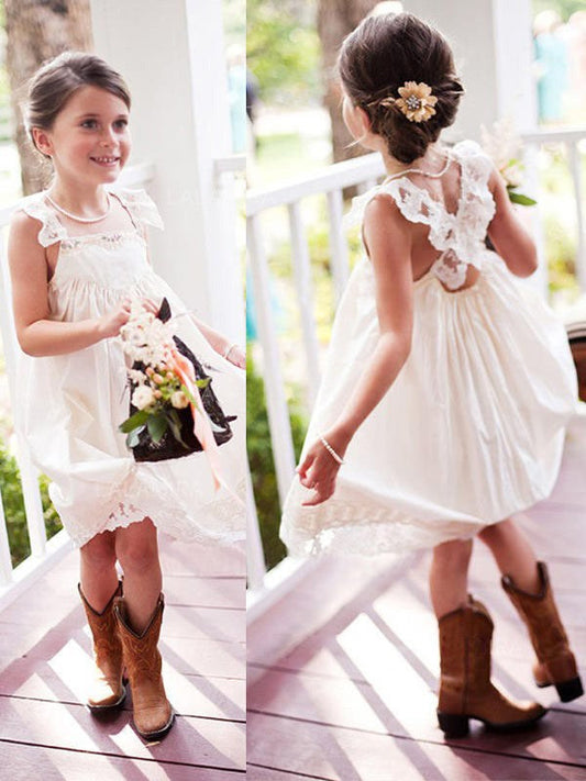 A-Line/Princess Sleeveless Square Knee-Length Lace Chiffon Flower Girl Dresses CICIP0007655