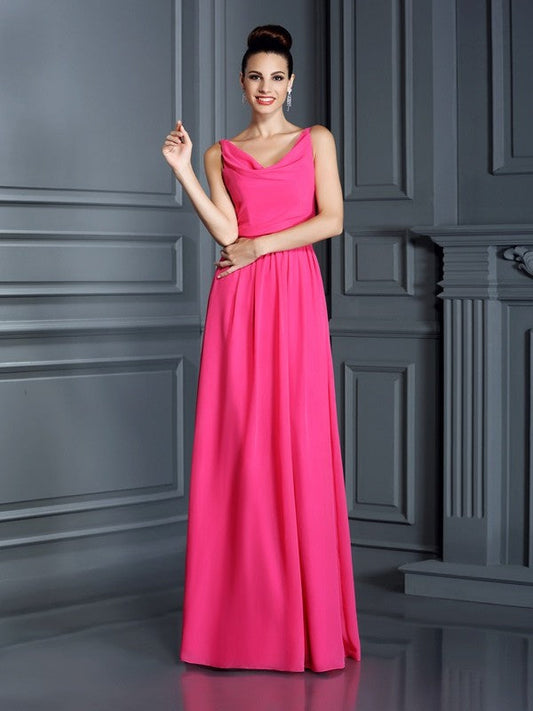 A-Line/Princess Spaghetti Straps Sleeveless Long Chiffon Bridesmaid Dresses CICIP0005714