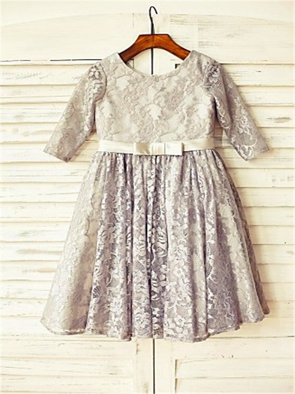 A-line/Princess Scoop 3/4 Sleeves Tea-Length Lace Flower Girl Dresses CICIP0007888