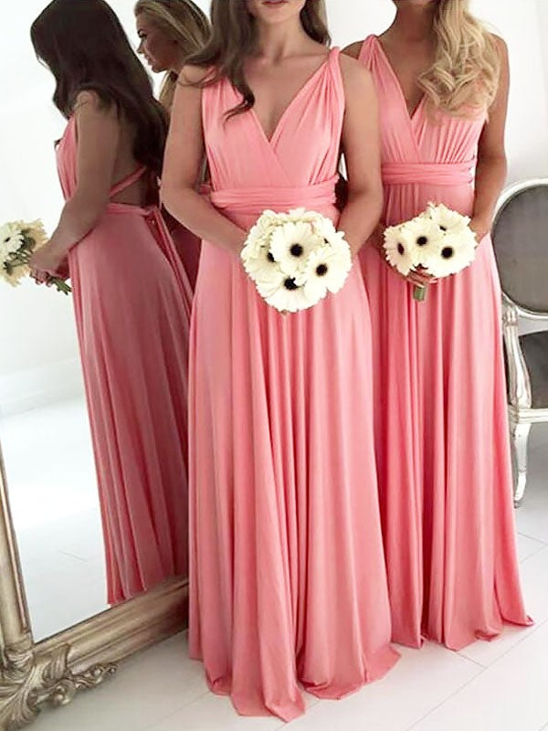 A-Line/Princess V-neck Floor-Length Spandex Sleeveless Bridesmaid Dresses CICIP0005512
