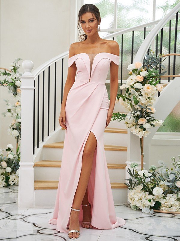 Sheath/Column Stretch Crepe Ruched Off-the-Shoulder Sleeveless Sweep/Brush Train Bridesmaid Dresses CICIP0004926