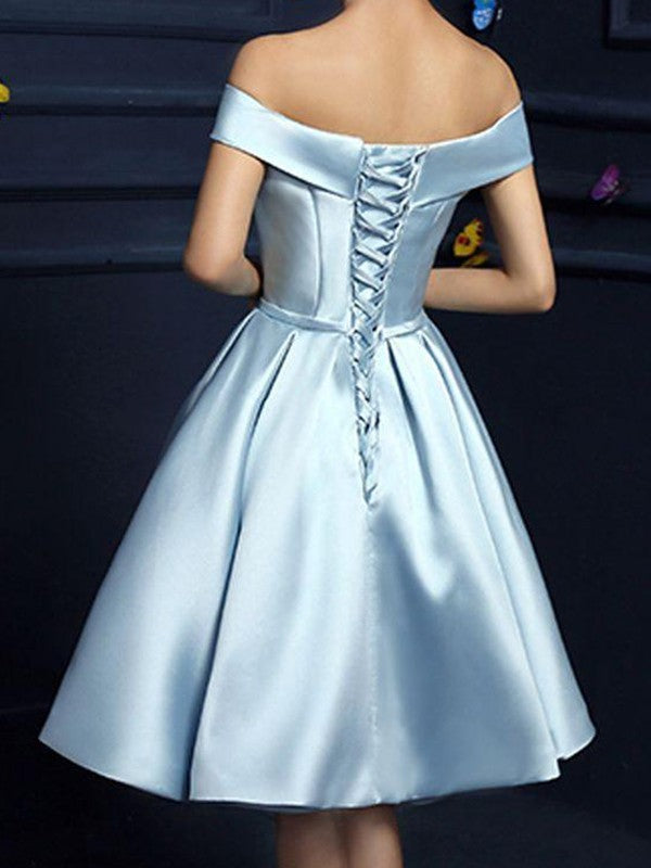 A-Line/Princess Satin Off-the-Shoulder Bowknot Sleeveless Knee-Length Dresses CICIP0008364