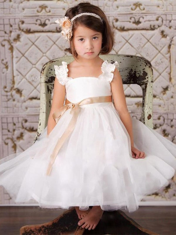 A-Line/Princess Sash/Ribbon/Belt Straps Sleeveless Tulle Ankle-Length Flower Girl Dresses CICIP0007818