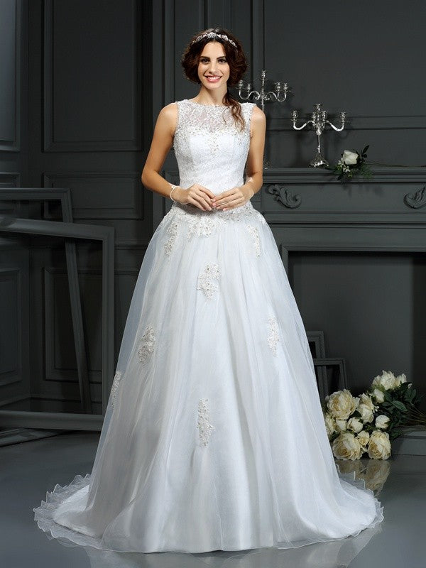 A-Line/Princess Scoop Applique Sleeveless Long Net Wedding Dresses CICIP0006739