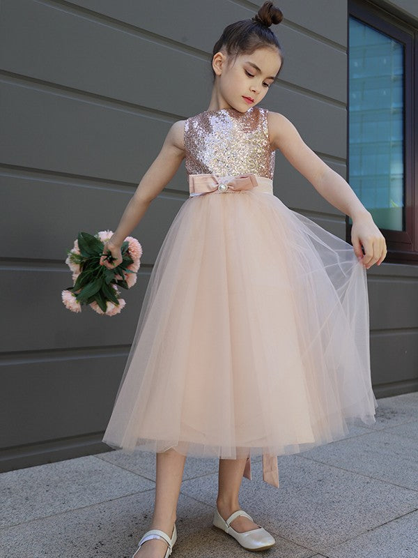 A-Line/Princess Tulle Bowknot Scoop Sleeveless Tea-Length Flower Girl Dresses CICIP0007463