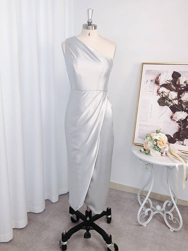 Sheath/Column Ruffles Silk like Satin Sleeveless One-Shoulder Asymmetrical Bridesmaid Dresses CICIP0005288