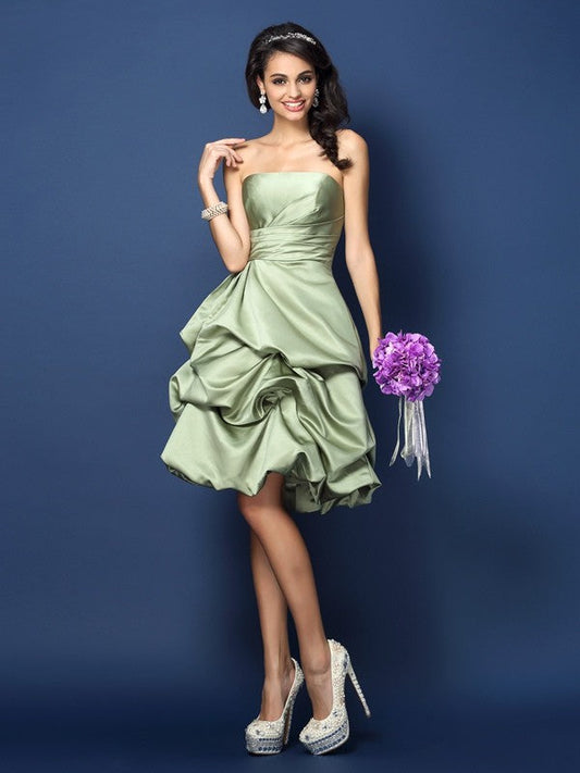 A-Line/Princess Strapless Ruched Sleeveless Short Satin Bridesmaid Dresses CICIP0005671
