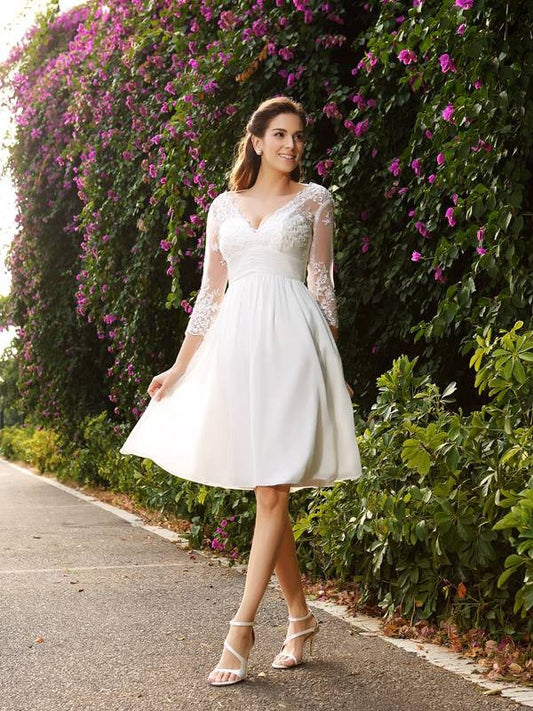 A-Line/Princess V-neck 3/4 Sleeves Short Chiffon Wedding Dresses CICIP0006233