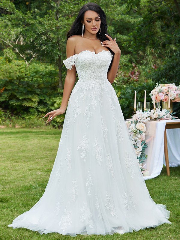 A-Line/Princess Lace Applique Off-the-Shoulder Sleeveless Sweep/Brush Train Wedding Dresses CICIP0005911