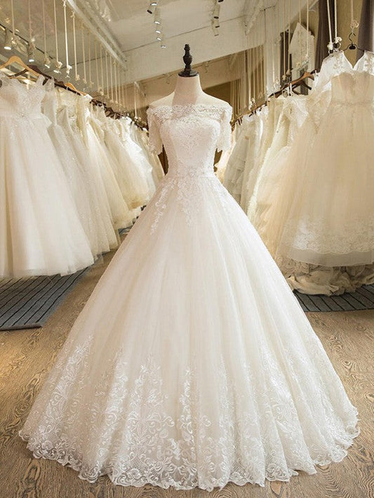 Ball Gown 1/2 Sleeves Off-the-Shoulder Floor-Length Applique Lace Tulle Wedding Dresses CICIP0006322