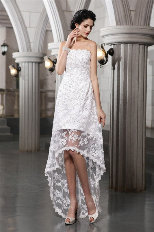 Sheath/Column Strapless Sleeveless Beading High Low Lace Wedding Dresses CICIP0006784
