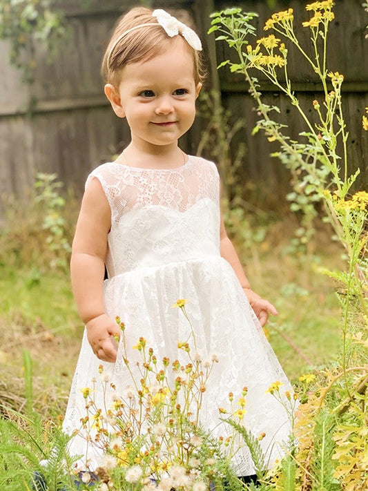 A-Line/Princess Lace Bowknot Scoop Sleeveless Tea-Length Flower Girl Dresses CICIP0007498