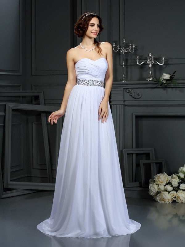 A-Line/Princess Sweetheart Beading Sleeveless Long Chiffon Wedding Dresses CICIP0006773