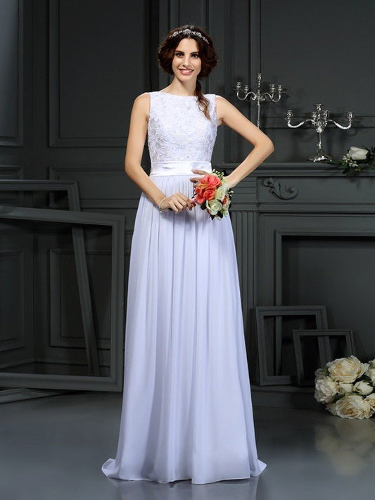 A-Line/Princess Scoop Lace Sleeveless Long Chiffon Wedding Dresses CICIP0006840