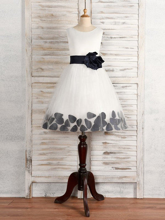 A-Line/Princess Tulle Hand-Made Flower Scoop Sleeveless Tea-Length Flower Girl Dresses CICIP0007528