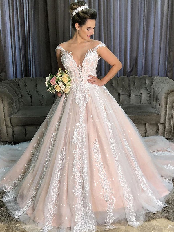Ball Gown Applique Tulle Scoop Sleeveless Court Train Wedding Dresses CICIP0006920