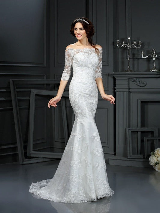 Sheath/Column Off-the-Shoulder Lace 1/2 Sleeves Long Lace Wedding Dresses CICIP0006408