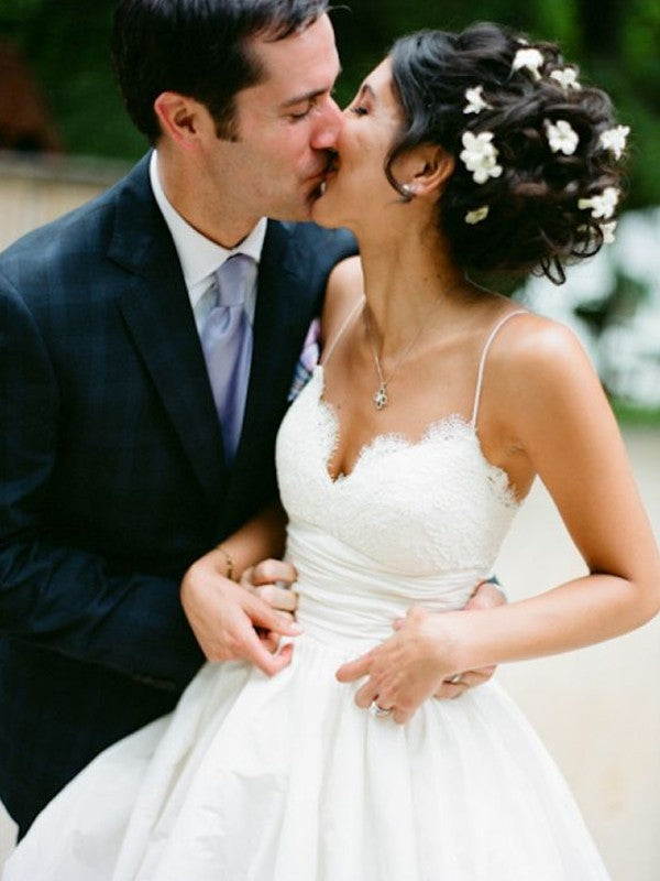 A-Line/Princess Spaghetti Straps Sleeveless Floor-Length Lace Satin Wedding Dresses CICIP0006629