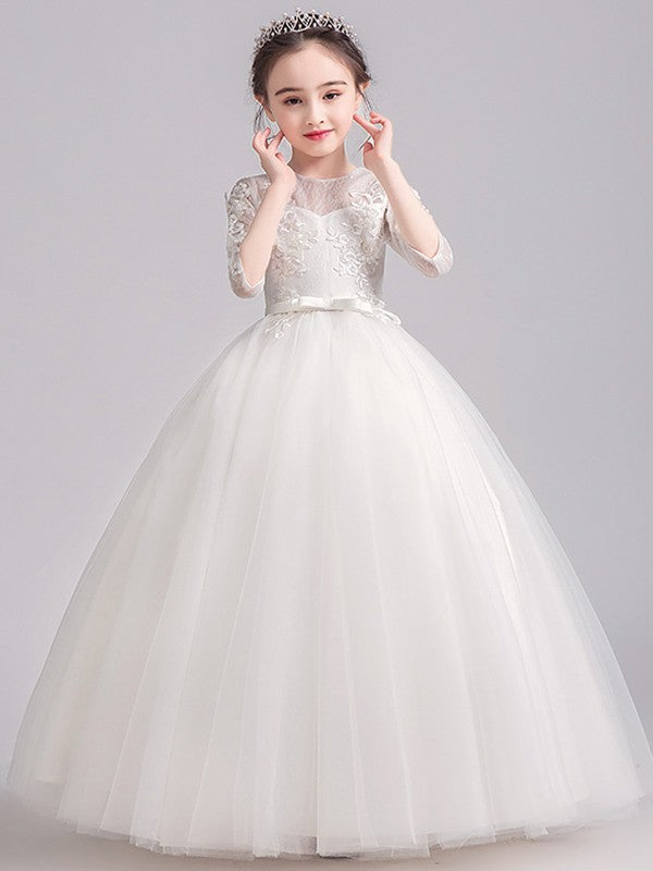 A-Line/Princess Lace Bowknot Scoop 3/4 Sleeves Floor-Length Flower Girl Dresses CICIP0007506