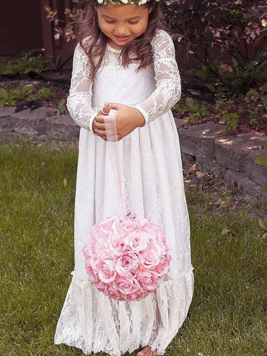 A-Line/Princess Long Sleeves Jewel Bowknot Lace Floor-Length Flower Girl Dresses CICIP0007631