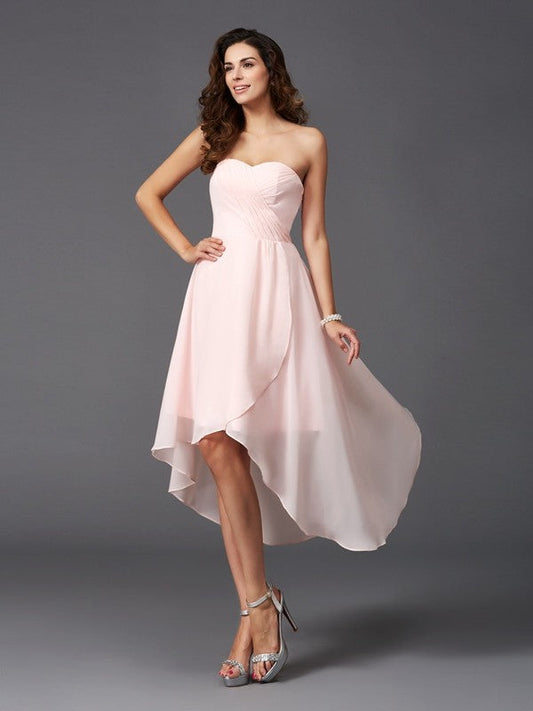 A-Line/Princess Sweetheart Ruffles Sleeveless High Low Chiffon Bridesmaid Dresses CICIP0005195