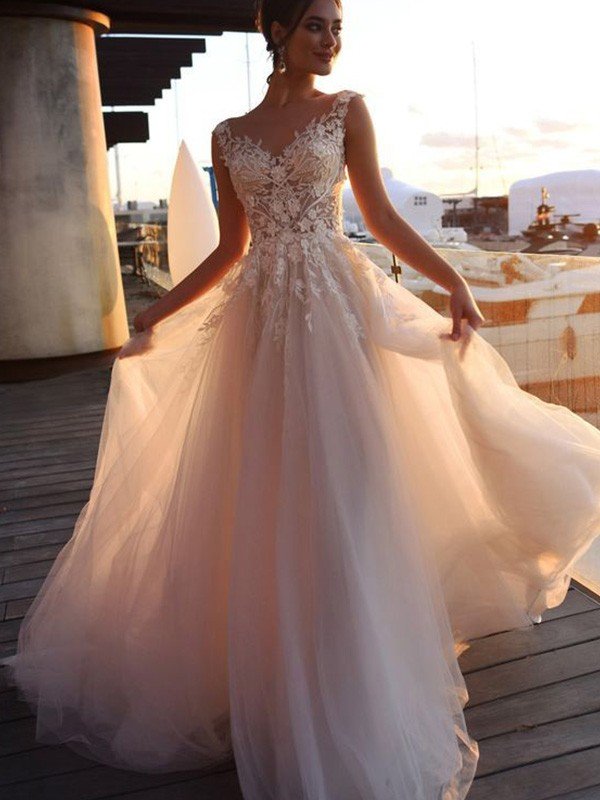 A-Line/Princess Bateau Applique Short Sleeves Sweep/Brush Train Tulle Wedding Dresses CICIP0006668