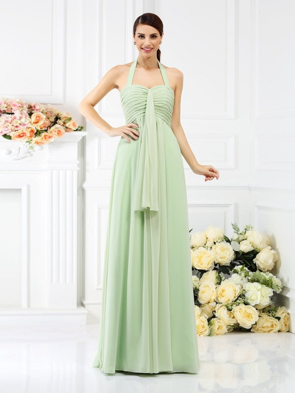 A-Line/Princess Halter Pleats Sleeveless Long Chiffon Bridesmaid Dresses CICIP0005727