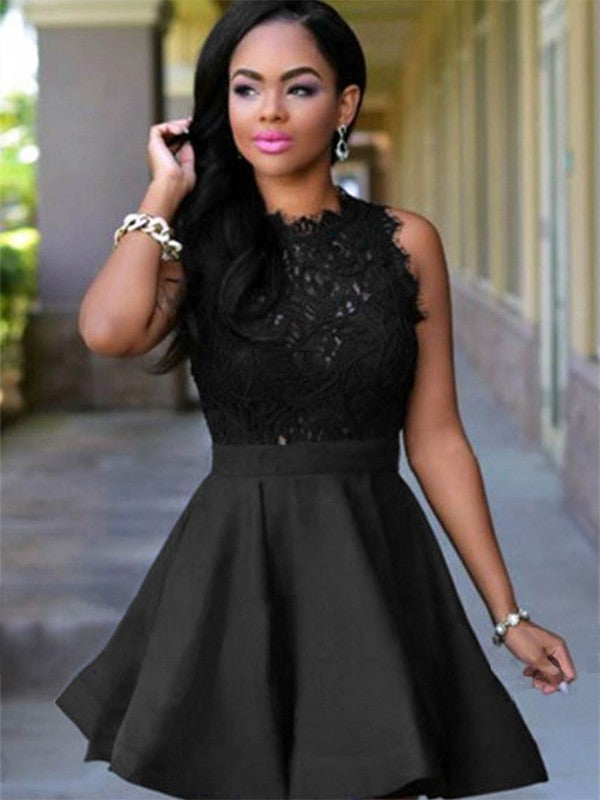 A-Line Jewel Cut Short With Lace Satin Black Homecoming Dresses CICIP0008494