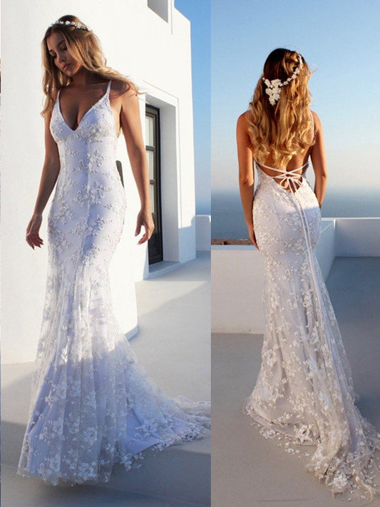 Trumpet/Mermaid Spaghetti Straps Sleeveless Lace Court Train Wedding Dresses CICIP0005890