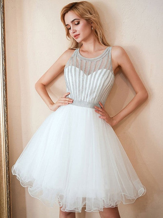 A-Line/Princess Tulle Beading Scoop Sleeveless Short/Mini Homecoming Dresses CICIP0004372