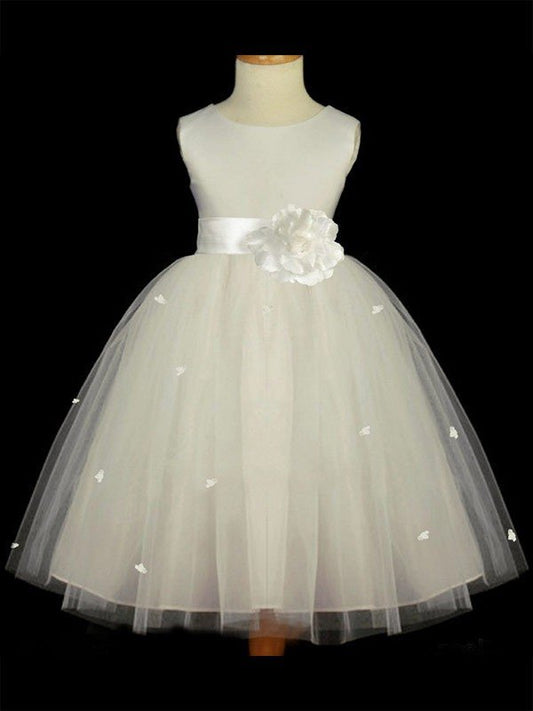 A-line/Princess Scoop Sleeveless Hand-made Flower Long Tulle Flower Girl Dresses CICIP0007653