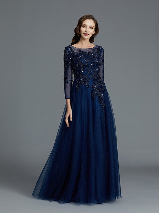 A-Line/Princess Long Sleeves Scoop Beading Floor-Length Tulle Mother of the Bride Dresses CICIP0007069